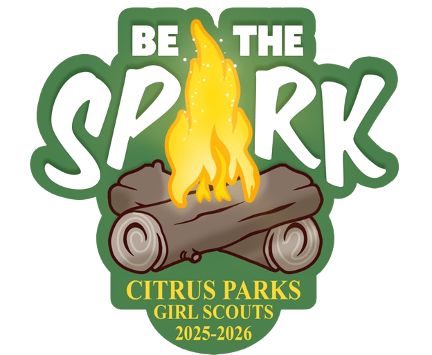 A logo for the Citrus Parks Girl Scouts 2025-2026, featuring a campfire with yellow flames over brown logs and green text saying 'Go the S' with additional yellow text 'Citrus Parks Girl Scouts 2025-2026' underneath.
