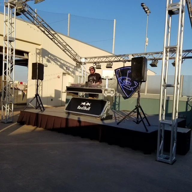 DJ setup at a Red Bull branded event in Dallas-Fort Worth.