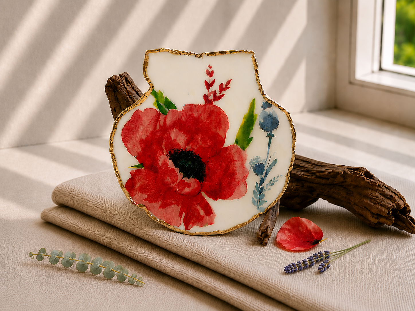 Handcrafted decoupage shell with red poppy and blue garden flowers