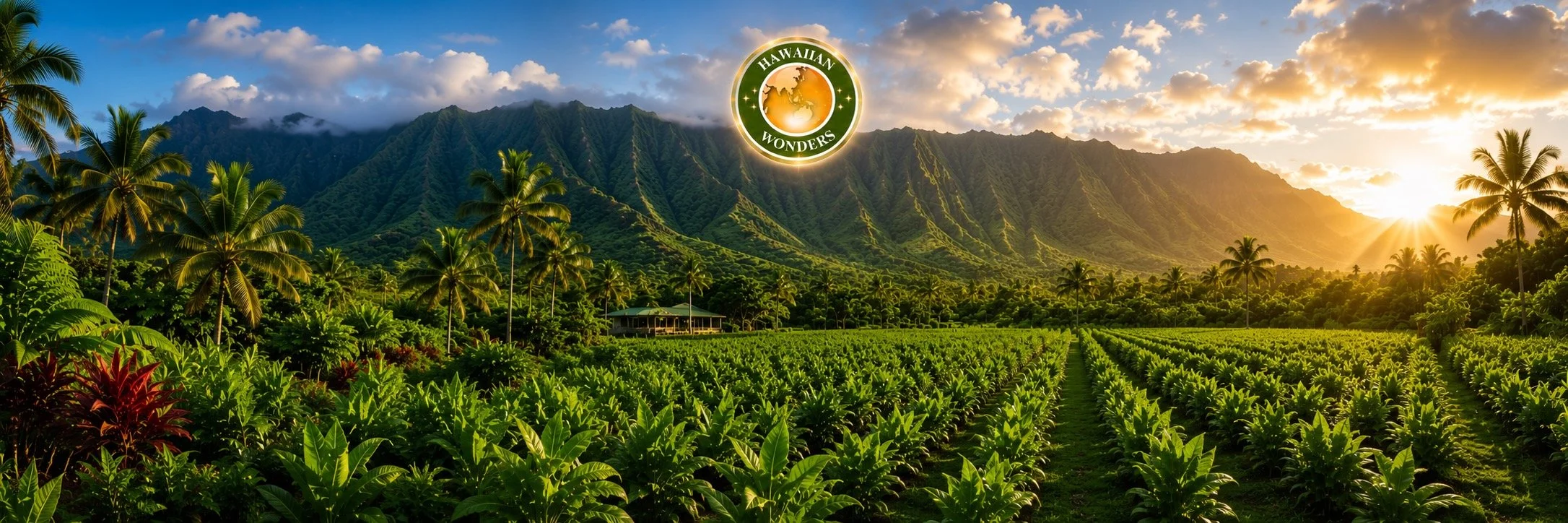 Sunset over lush Hawaiian farmland with mountains and palm trees, featuring a logo that says 'Hawaiian Wonders' at the top center.
