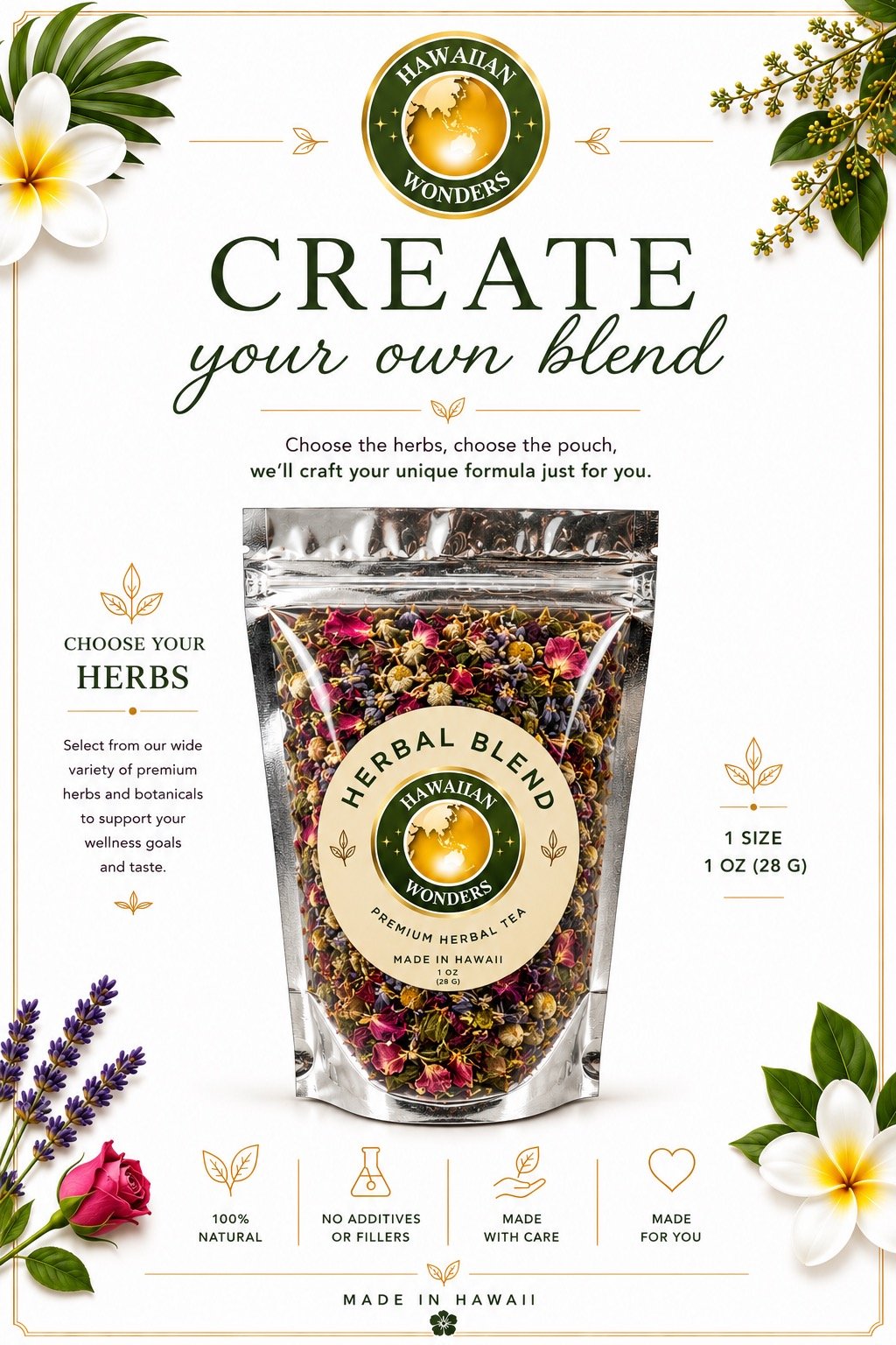 Packaging for Hawaiian Wonders Herbal Blend, a premium herbal tea from Hawaii, showing a pouch filled with dried herbs and flowers, with tropical floral decorations around.