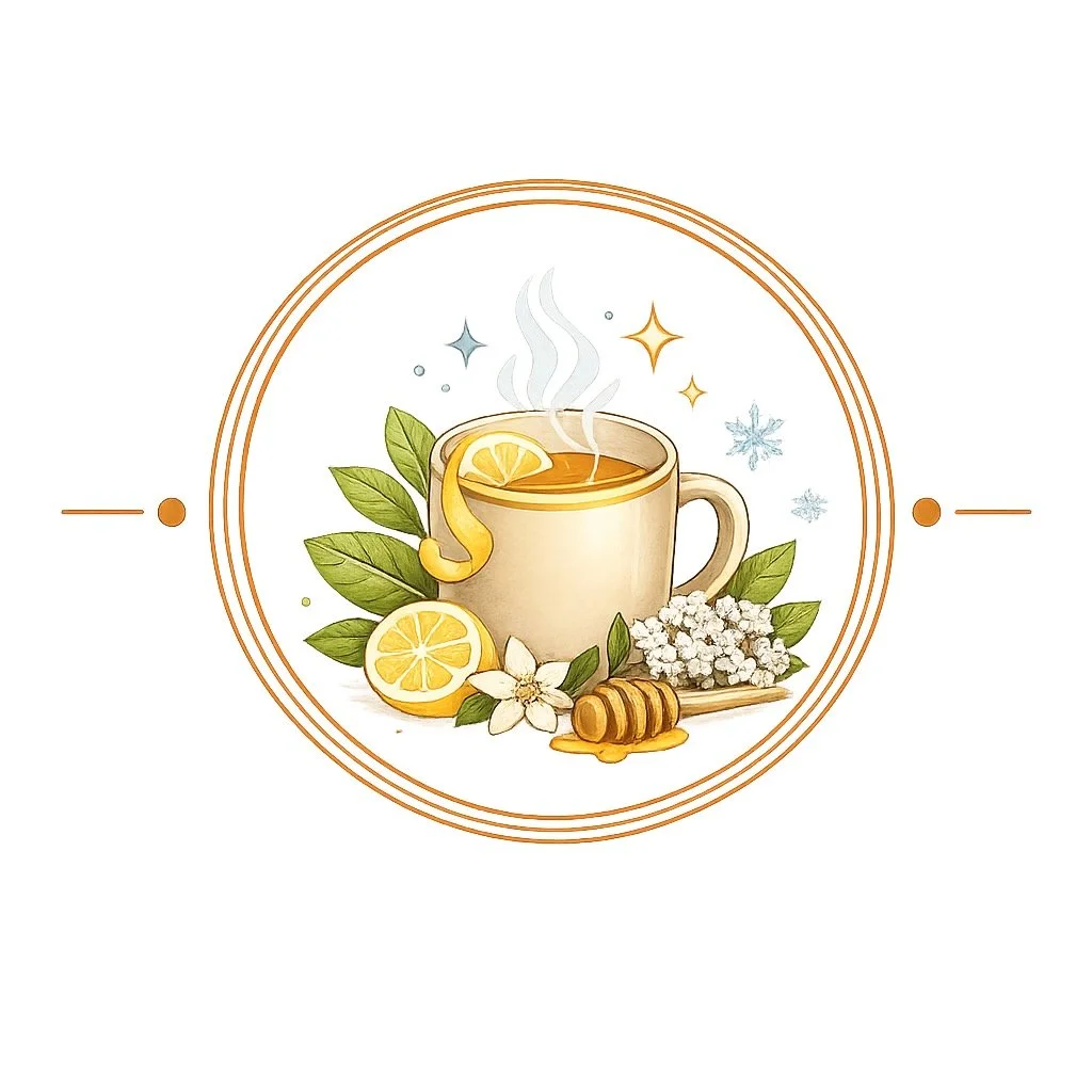 A steaming cup of tea with lemon slices, honey, and herbs, surrounded by lemon, honey dipper, white flowers, and snowflakes, suggesting hot winter tea.
