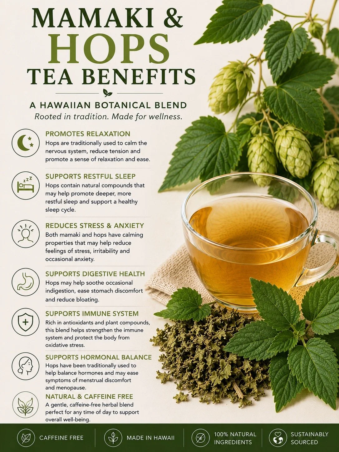 Informational poster about Mamaki and Hops tea benefits, with a cup of brewed tea and hop plant in the background.