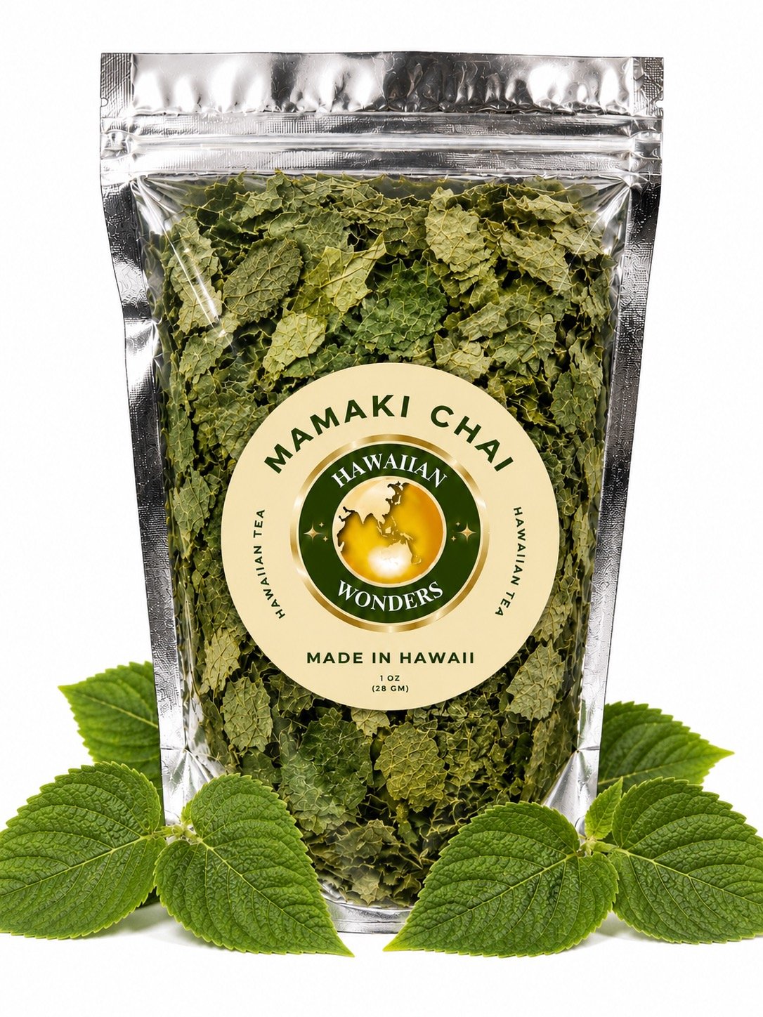 A silver resealable bag of dried Māmaki chail leaves with a label featuring a map of Hawaii and the text 'Hawaiian Wonders, Māmaki Chai, Made in Hawaii.' Fresh green Māmaki leaves are arranged at the base of the bag.