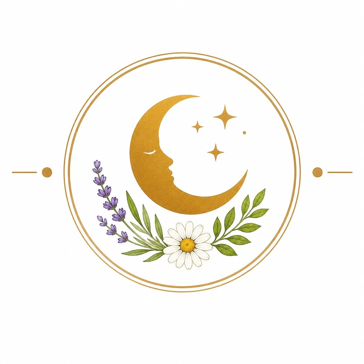 Design featuring a golden crescent moon with a face, a smaller moon and stars, surrounded by lavender, green leaves, and a white daisy with a yellow center, all enclosed in a circular frame.