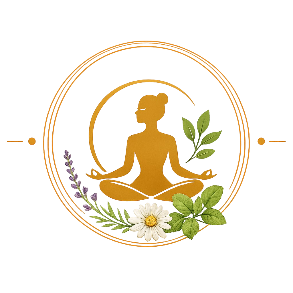 A stylized illustration of a person meditating in a lotus position surrounded by green leaves and flowers, with concentric circles around them.