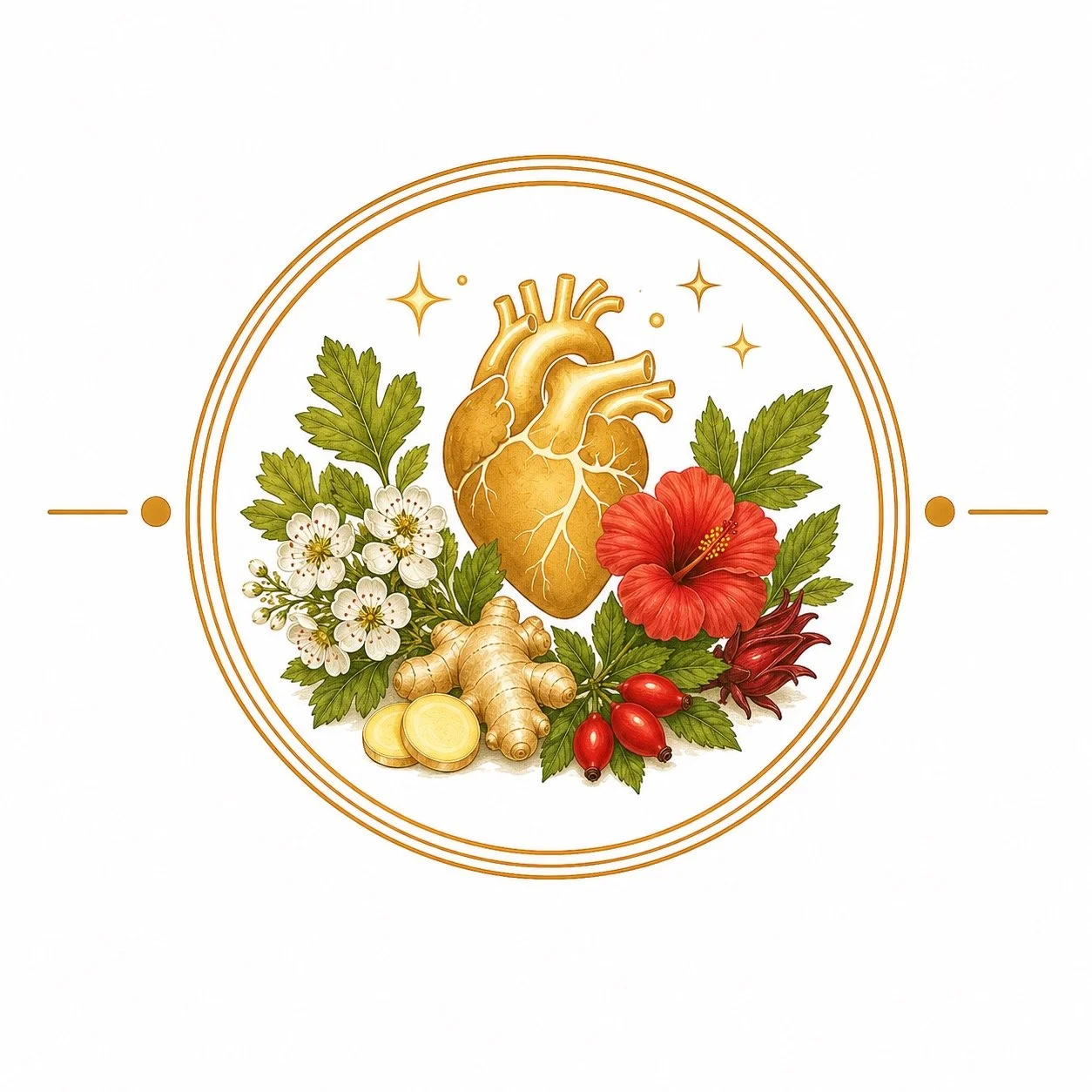 An illustration of a human heart surrounded by botanical elements including white flowers, a red hibiscus, ginger root, rose hips, and golden coins, with a decorative circular border.