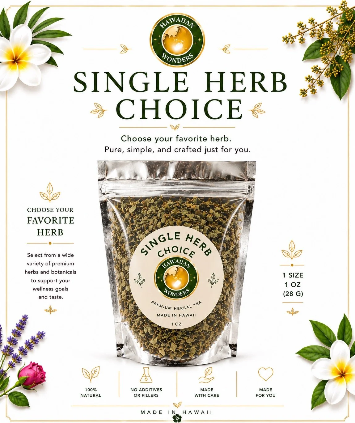 Packaging for Hawaiian Wonders Single Herb Choice herbal tea, with floral and botanical decorations, showing a resealable pouch of dried herbs and text highlighting its natural and additive-free qualities.