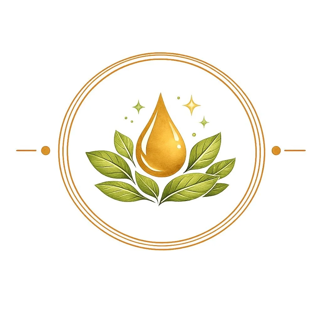 Golden oil drop icon surrounded by green leaves and sparkling stars, enclosed in a circular decorative border.