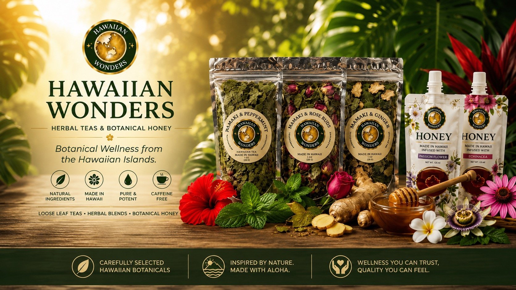 Display of Hawaiian Wonders herbal teas and botanical honey products, including loose leaf herbal tea packages, herbal honey pouches, and various tropical flowers and ingredients on a wooden surface with a tropical background.