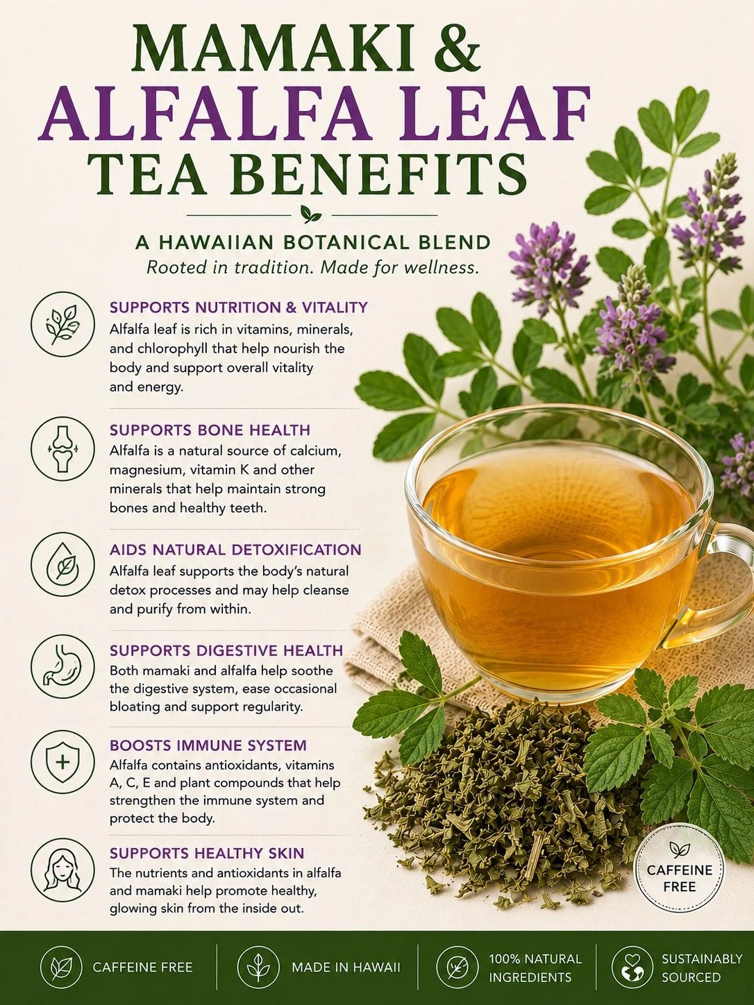 Poster advertising MAMAKI & ALFALFA LEAF TEA benefits, featuring a cup of herbal tea, alfalfa leaves, and purple flowering herbs with text highlighting health benefits and eco-friendly attributes.