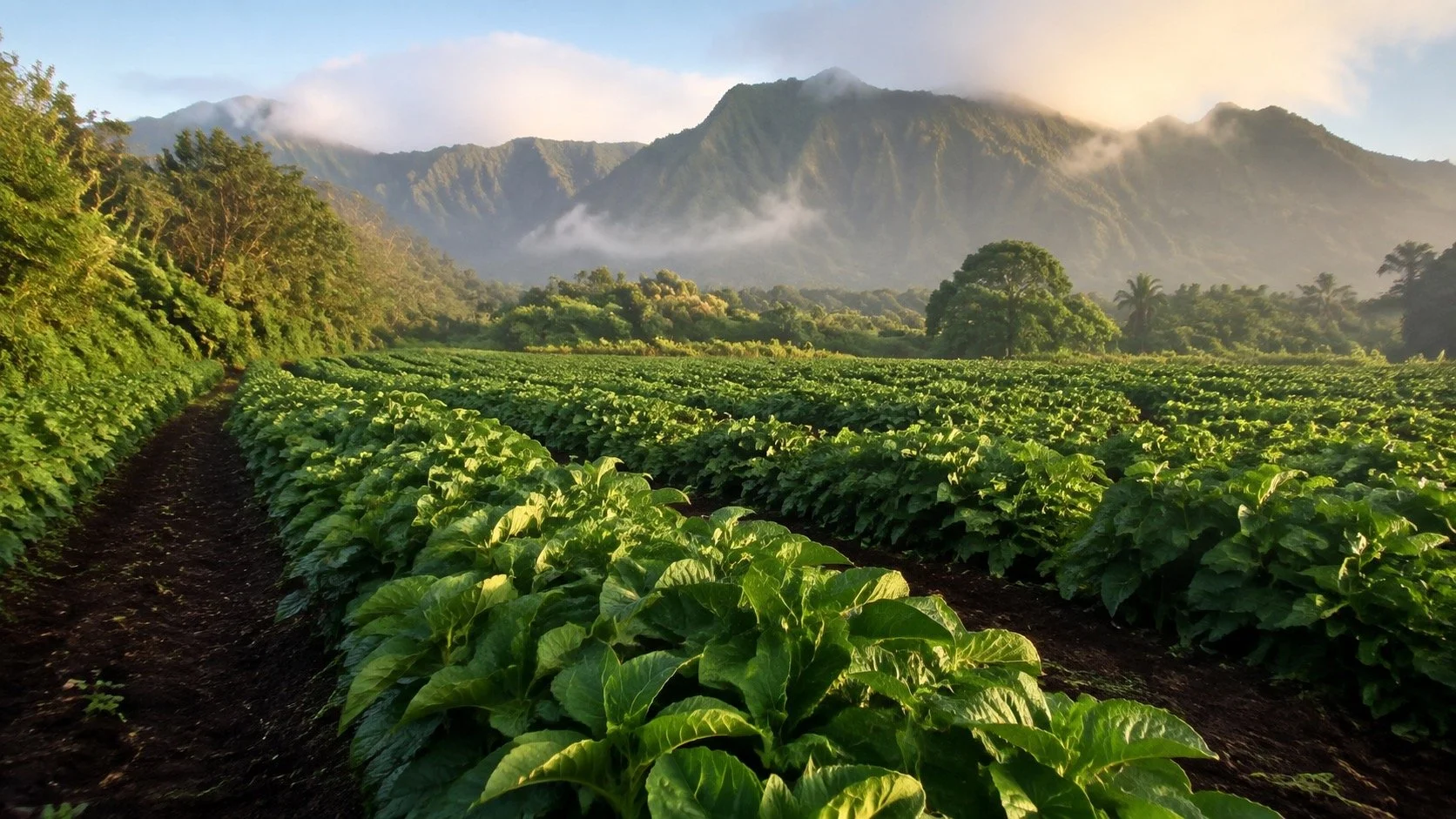A lush green farm with rows of leafy crops, surrounded by trees and mountains in the background under a partly cloudy sky.