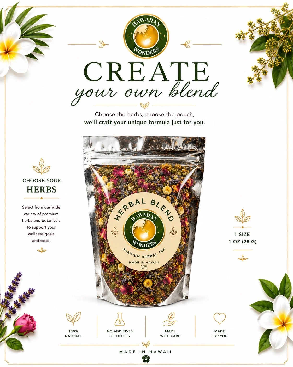 Packaging for Hawaiian Wonders herbal blend tea with floral decorations and instructions to create your own blend.