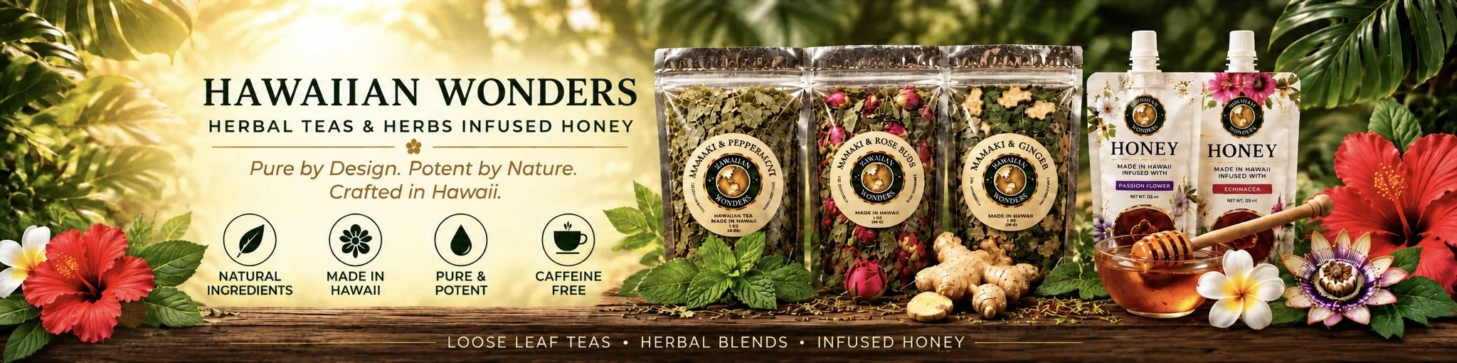 Display of Hawaiian Wonders herbal teas and herbs infused honey, including tea packs, honey pouches, a honey dipper, and tropical flowers with lush greenery background.
