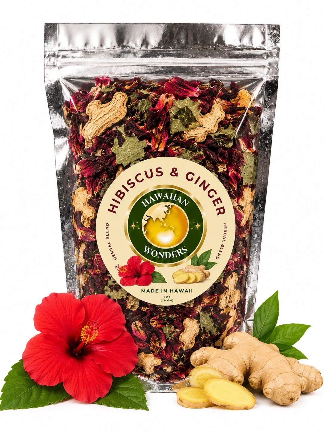 A resealable package of Hawaiian herbal blend hibiscus and ginger tea with dried hibiscus petals, ginger root, and a red hibiscus flower in front.