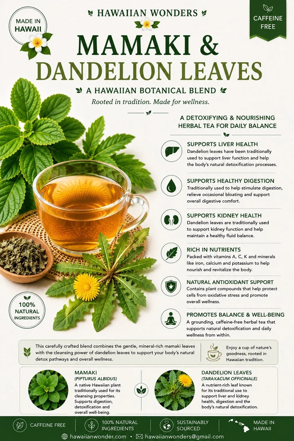 Packaging label for Hawaiian Wonders Mamaki and Dandelion Leaves herbal tea, featuring a cup of brewed tea, green leaves, and text describing its benefits, ingredients, and origin in Hawaii.