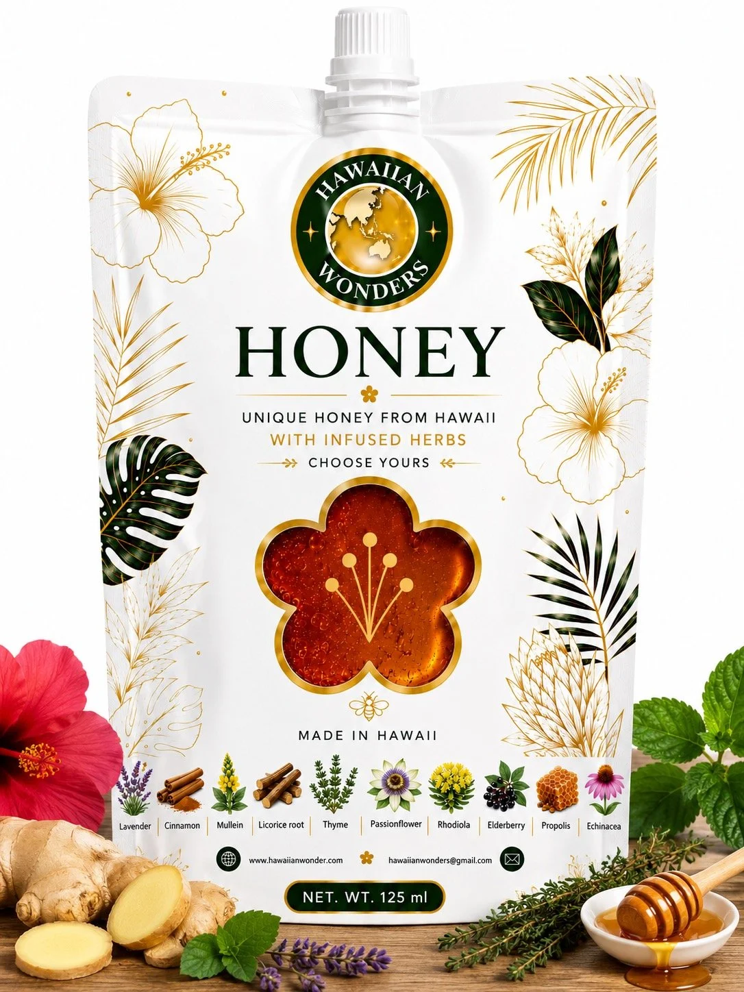 A white pouch of Hawaiian Wonders honey with gold and green accents, decorated with tropical flowers and leaves, displaying 125 ml of honey infused with herbs such as lavender, cinnamon, mullein, licorice root, thyme, passionflower, rhodila, elderberry, propolis, and echinacea, surrounded by natural ingredients like ginger, lavender, and herbs, and a honey dipper drizzled with honey.