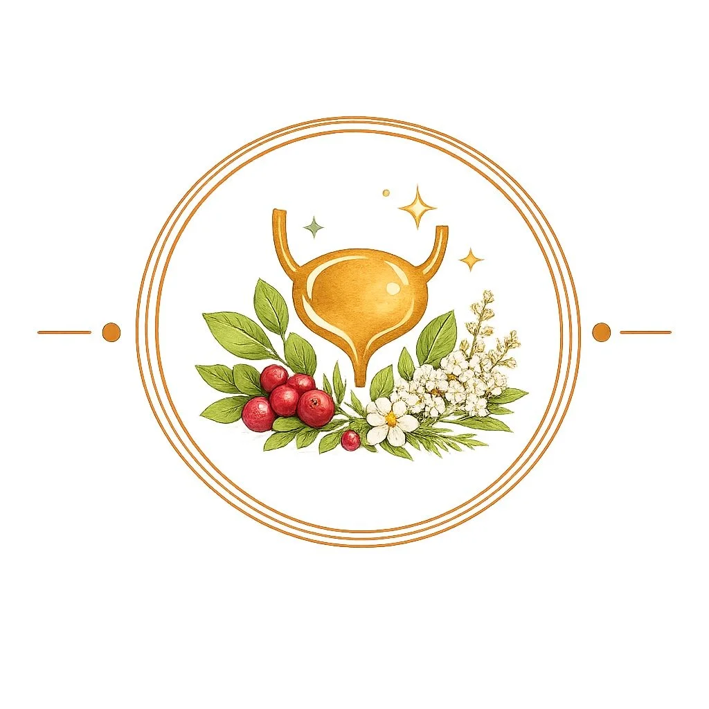 A golden wine glass with a curved stem, surrounded by green leaves, white flowers, and red berries, with three star-like sparkles and concentric circles around it.