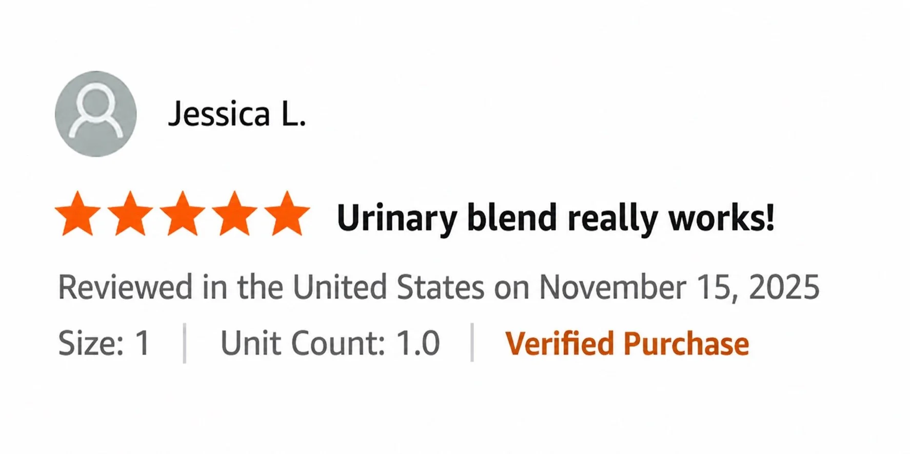 Product review for urinary blend supplement, five-star rating, review date November 15, 2025, size 1, unit count 1.0, verified purchase, from Jessica L.