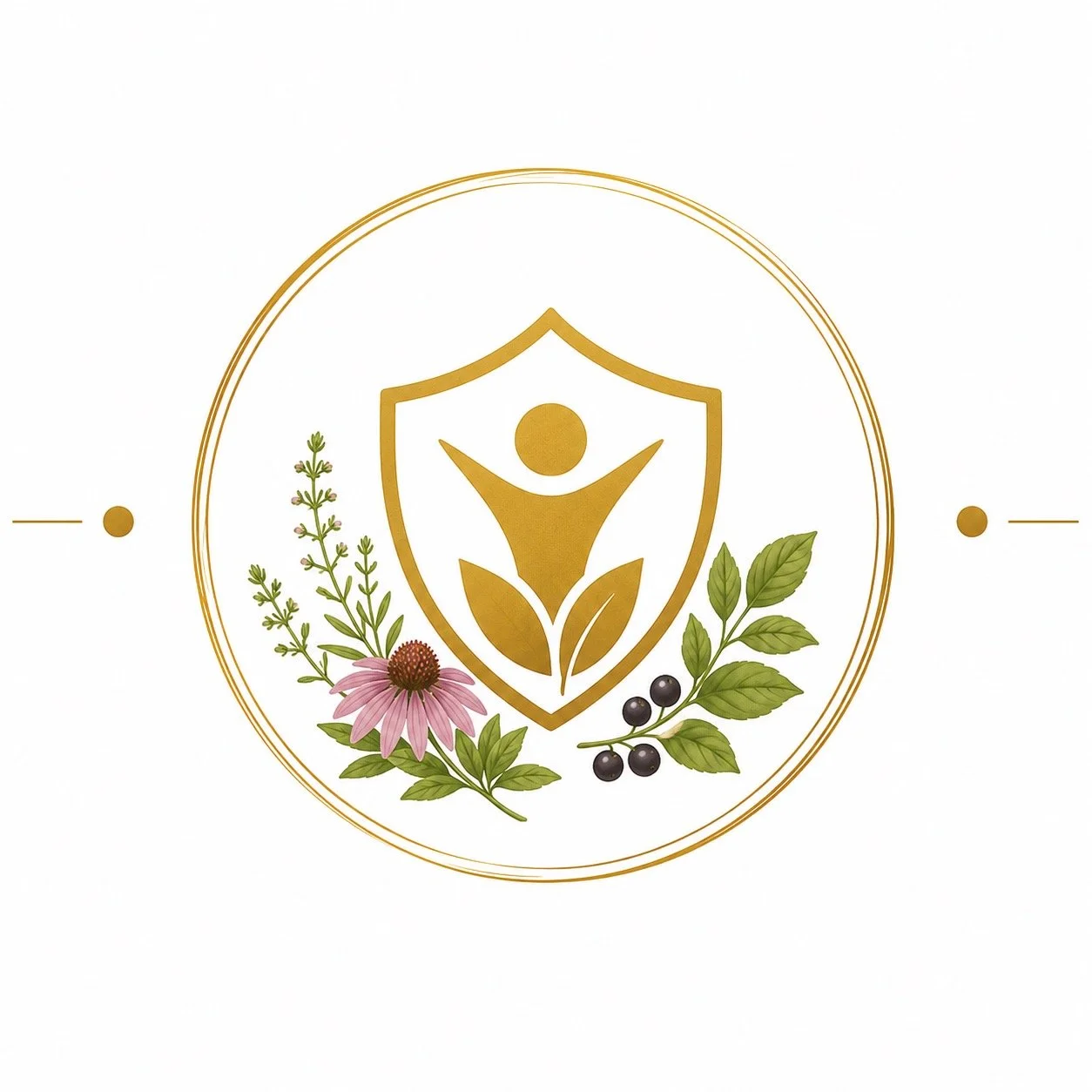 A logo featuring a golden shield with a stylized human figure and leaf design inside, surrounded by illustrated herbs, flowers, and berries, all enclosed within a circular golden border.