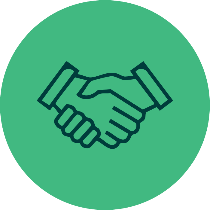 A simple line drawing of two hands shaking, symbolizing agreement or partnership.