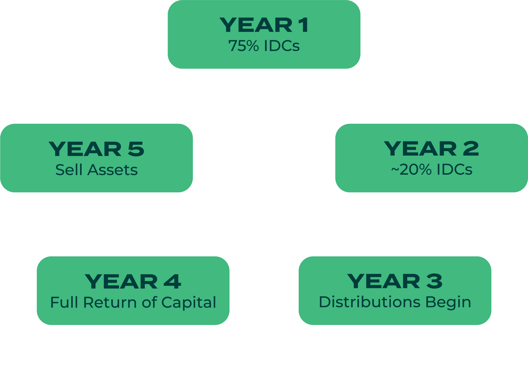 A circular infographic illustrating a five-year investment cycle with stages labeled Year 1, Year 2, Year 3, Year 4, and Year 5, including descriptions of investment percentages and actions such as 'Sell Assets', 'Distributions Begin', and 'Full Return of Capital'.