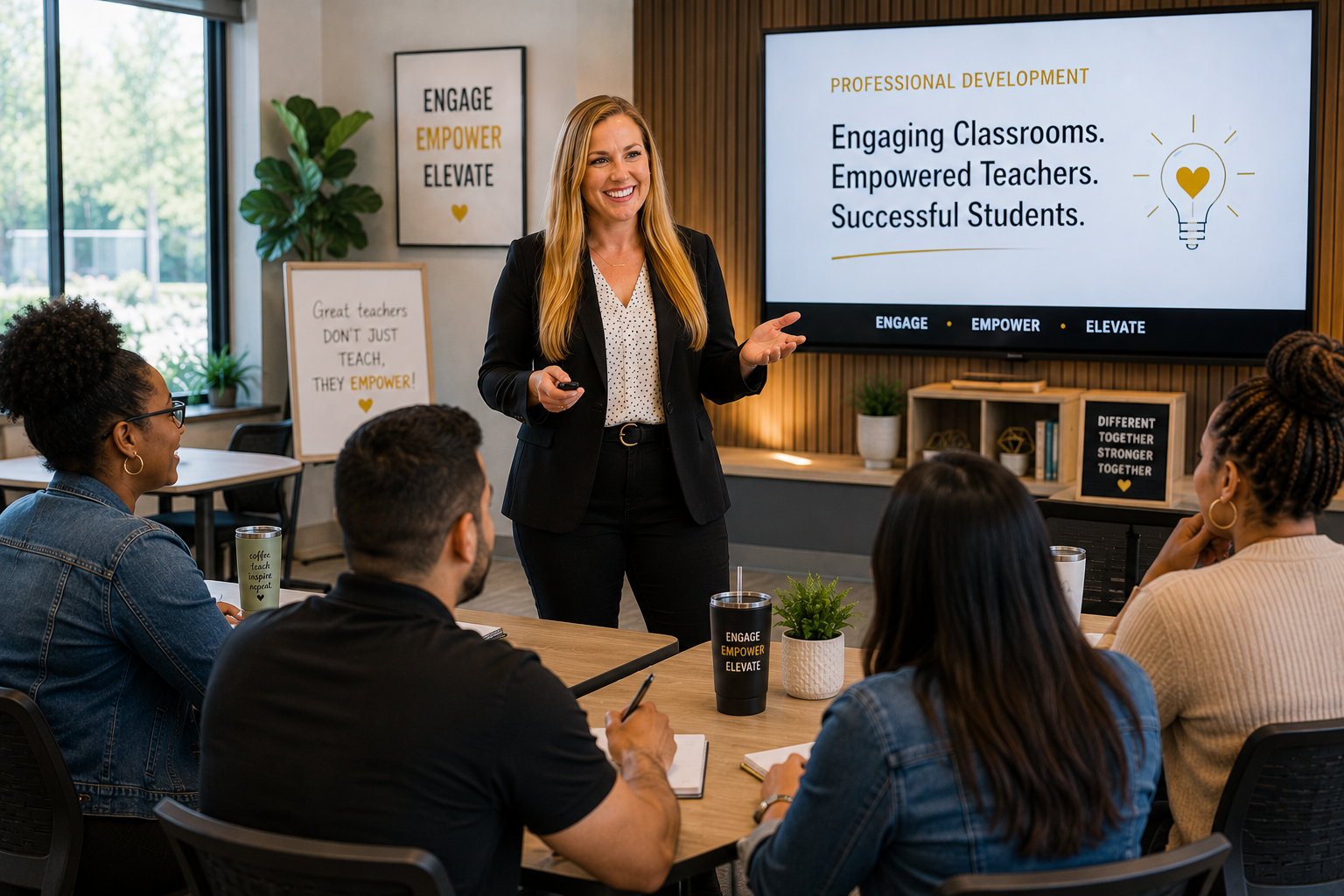 A woman giving a presentation to a group of four people in a conference room. The woman is smiling and holding a remote. Behind her, a large screen displays a slide titled 'Professional Development' with text about engaging classrooms, empowered teachers, and successful students. The room has motivational posters on the walls, a small potted plant on the table, and a whiteboard with the words 'Great teachers DON'T JUST TEACH, THEY EMPOWER!'