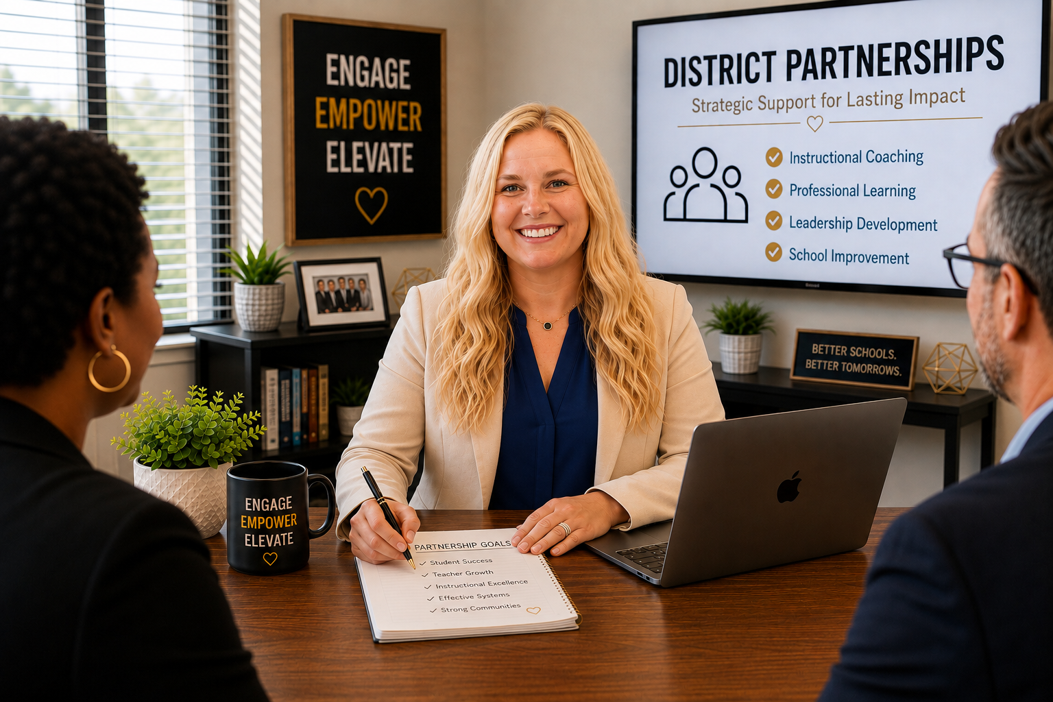 A woman with long blonde hair smiling during a meeting with two other people in a modern office. There are plants, framed photos, and motivational signage in the background. A large screen displays information about district partnerships and strategic support.