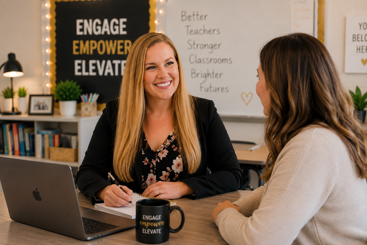 Two women sitting at a desk having a conversation, with a laptop and mug in front of them, in a classroom or office setting with motivational posters and books in the background.