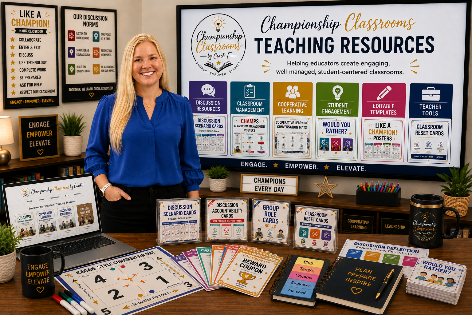 A woman standing next to a desk with educational resources and a large screen displaying teaching tools for classrooms. The resources include discussion scenario cards, accountability cards, group role cards, classroom reset cards, posters, and editable templates. The background has posters with classroom norms and discussion norms. The desk has a laptop, conversation mats, reward coupons, notebooks, and pens, with plants and mugs branded with 'Championship Classrooms'.