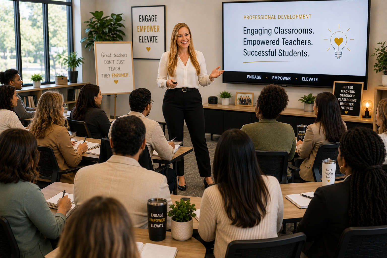 A woman giving a presentation in a conference room with a large screen displaying a slide about professional development for teachers and students. The audience is seated attentively, taking notes, with motivational posters and plants in the background.