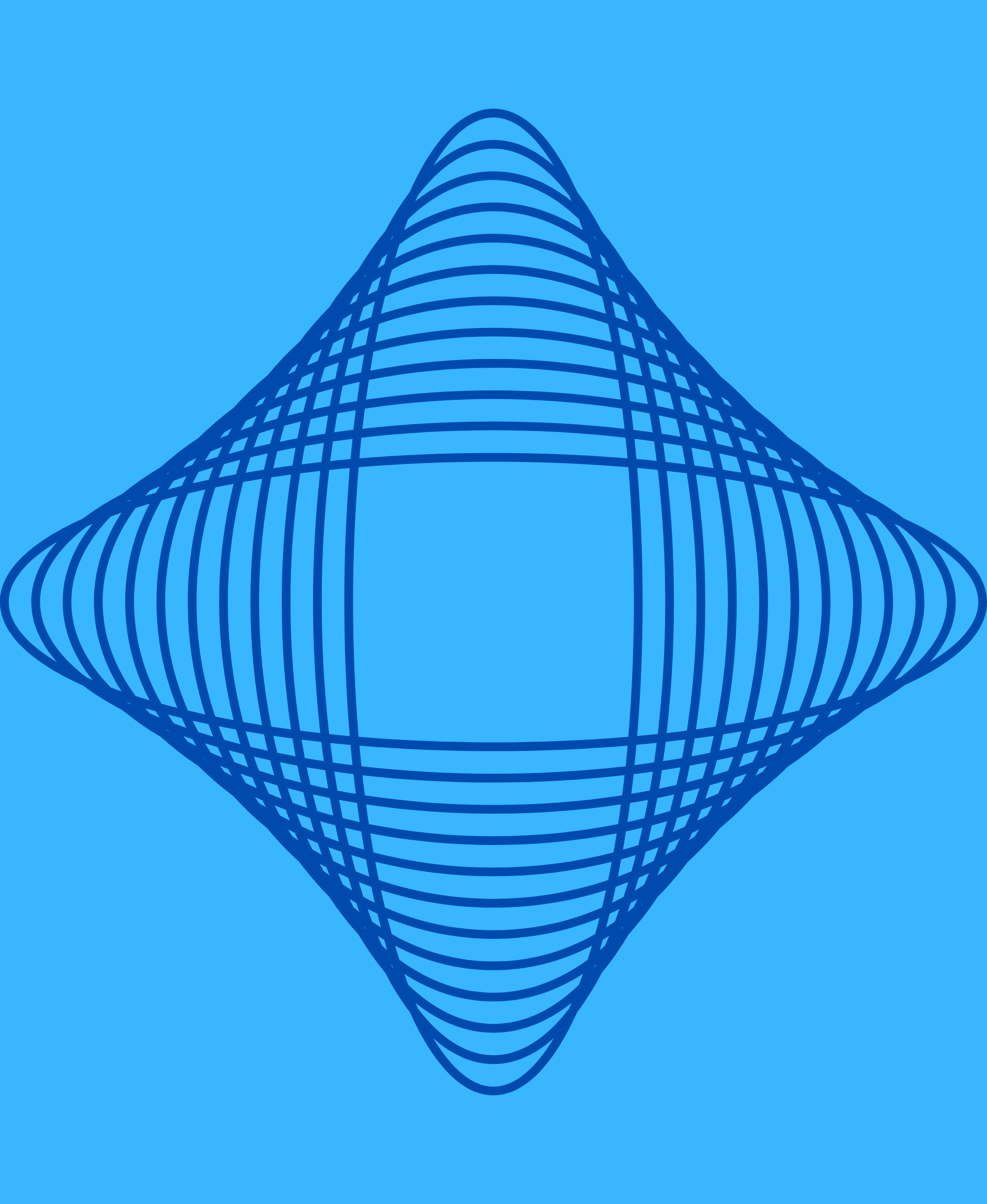 A digital illustration of a tall, modern skyscraper viewed from below, with a rounded, tapering shape and horizontal lines, set against a bright blue sky.