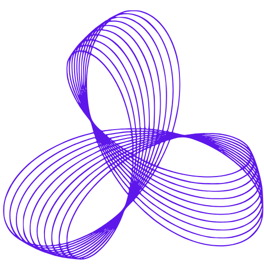 A digital illustration of interconnected purple curved lines forming a complex, symmetrical pattern on a black background.