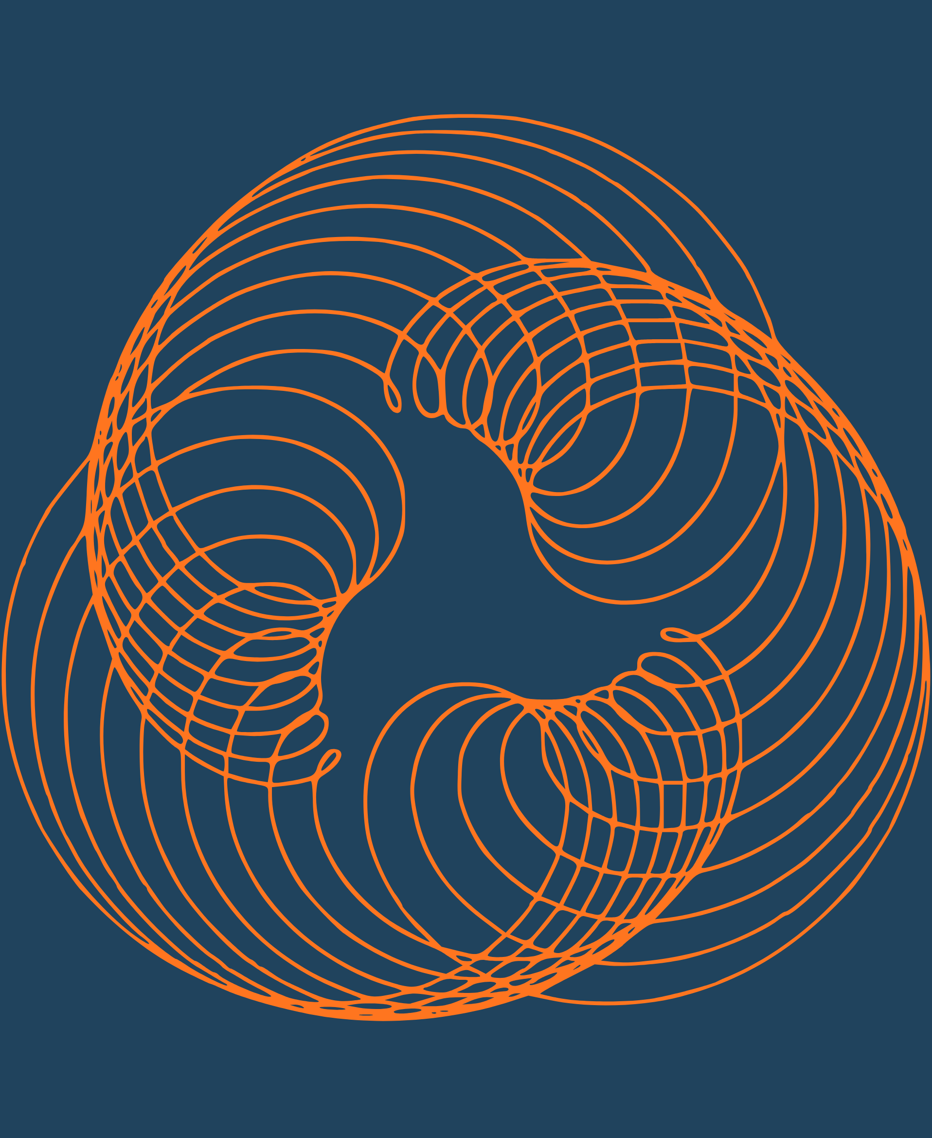 Abstract digital art featuring orange wireframe spheres on a dark blue background.