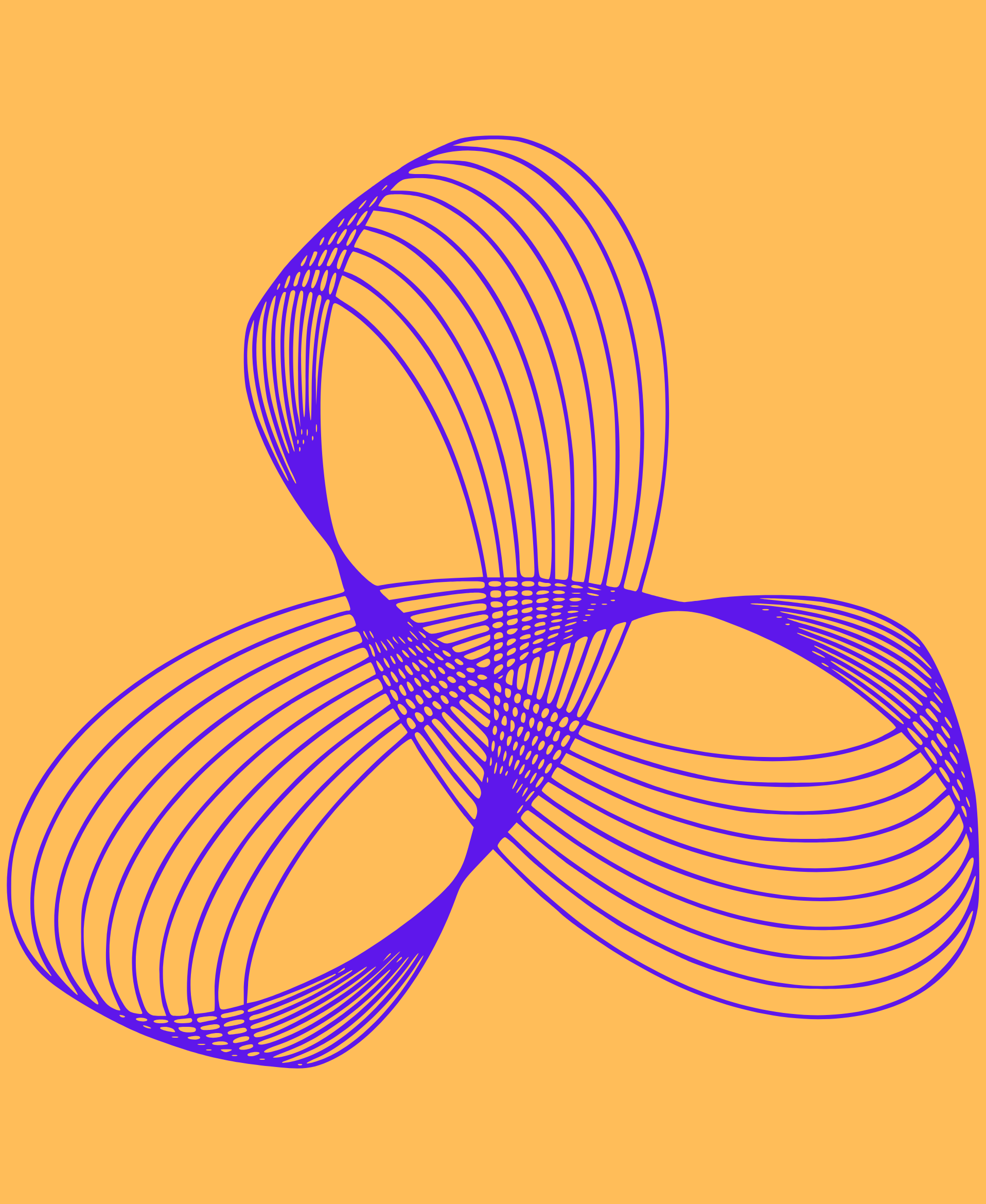 Abstract digital art featuring purple curved lines on an orange background, creating a flowing, three-dimensional shape.