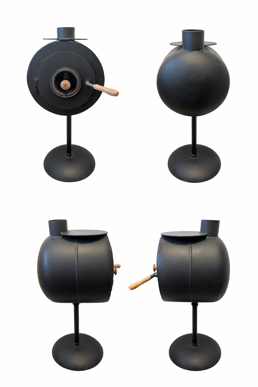 A black metal woodstove at four different angles, featuring a spherical shape, a chimney, and a wooden handle.