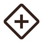 Close-up of a dark brown or black square-shaped sign with a plus symbol inside a diamond outline