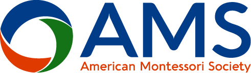 Logo of the American Montessori Society featuring a colorful swirling icon and blue text.