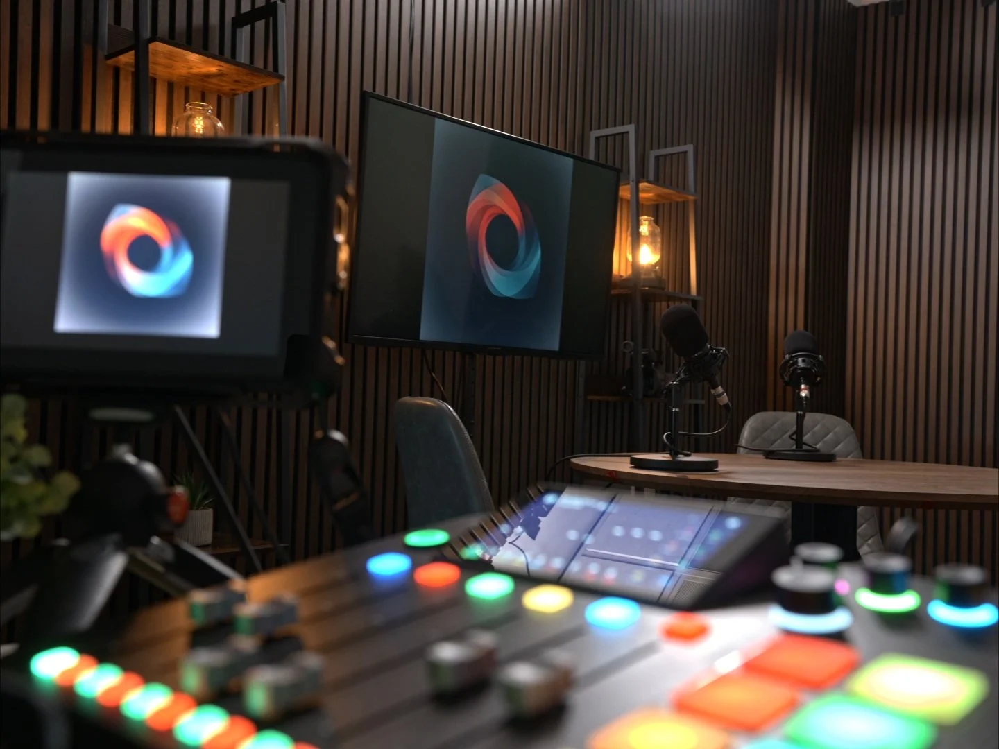 Recording studio setup with a soundboard, two microphones on a round table, a large monitor displaying a colorful logo, and a camera recording the scene, with wooden wall paneling and warm lighting.