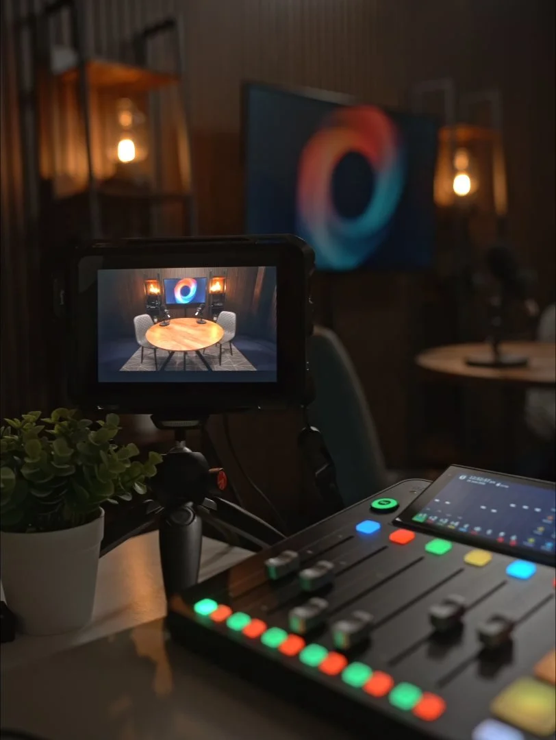 A recording setup with a camera on a tripod capturing a round wooden table with two chairs. A large screen behind the table displays a colorful swirl logo. The room has warm lighting with two wall-mounted lamps and a small potted plant on the table in the foreground.