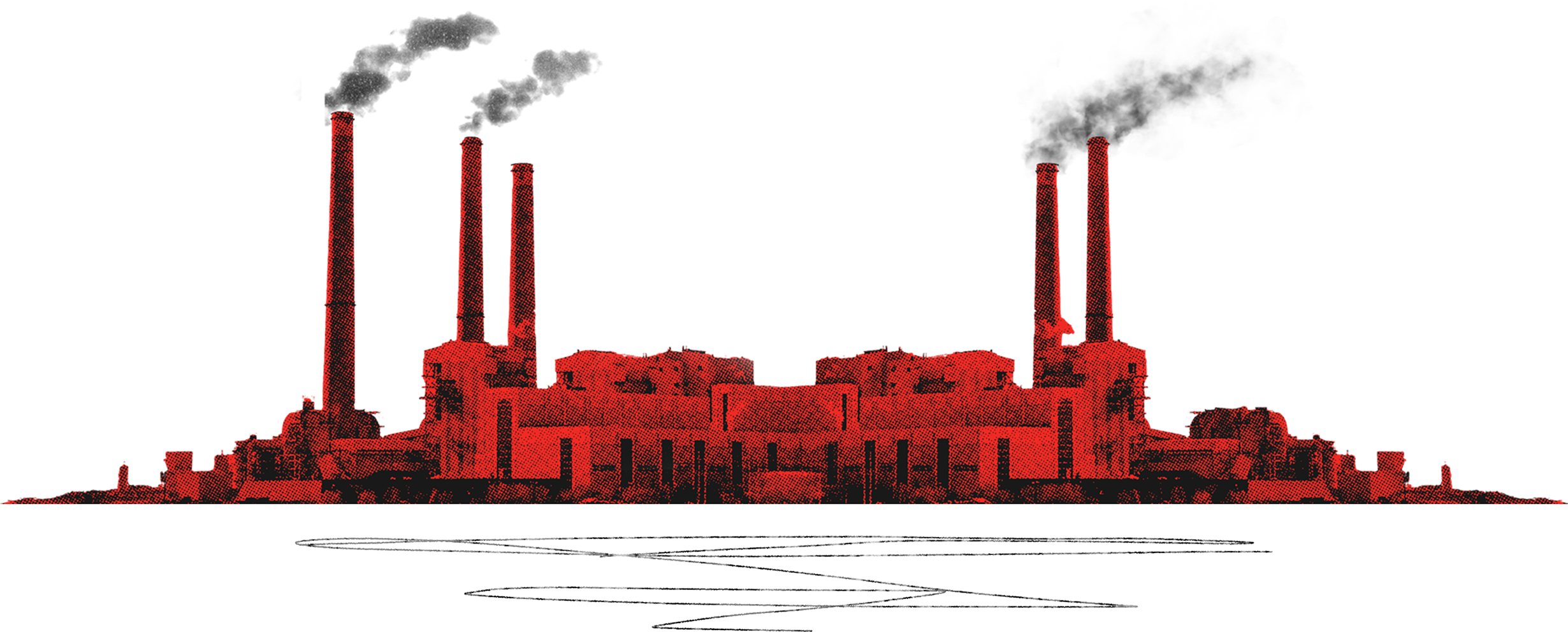 A graphic illustration of a power station. It is red, and there is smoke coming from its chimneys, like it is burning coal