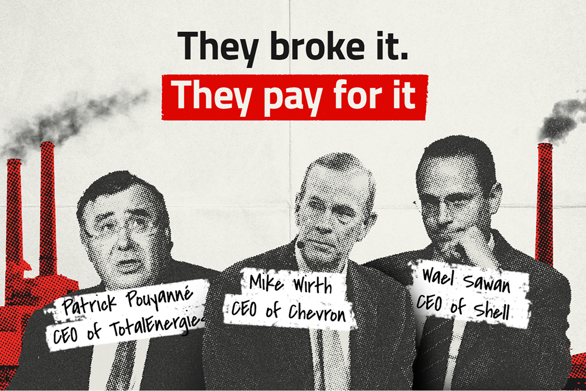 3 people who are CEOs of different companies are overlayed on a background showing power stations burning fuel