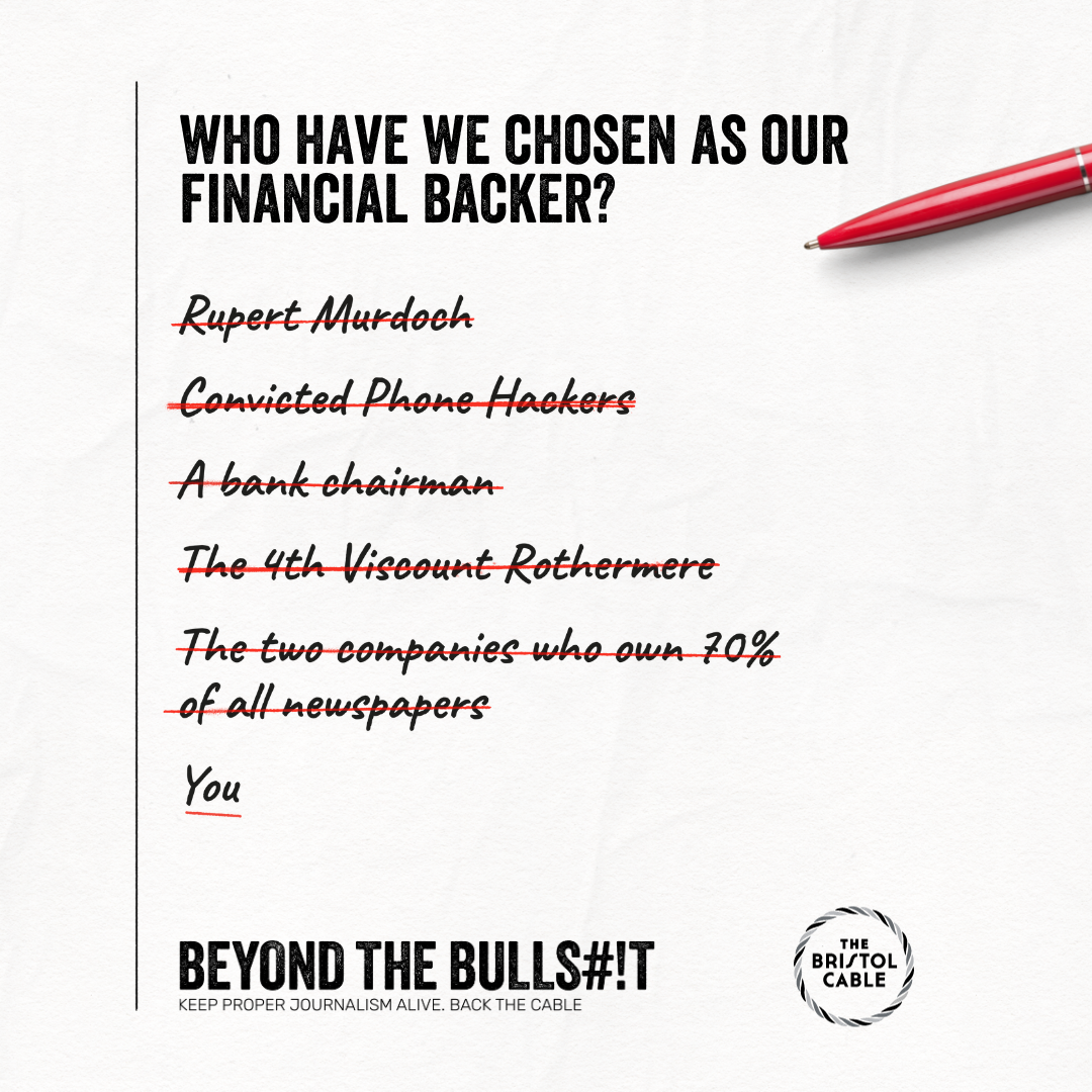 A social post showing a list - it reads 'Who we've chosen as financial backer' and has a list of CEOs crossed out - and 'You' underlined