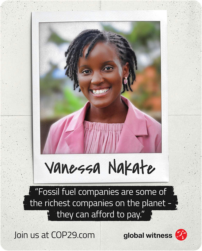 A social post shows Vanessa Nakate. She is smiling at the camera and wearing a pink blazer and top. There is text underneath her that reads 'Fossil fuel companies are some of the richest companies on the planet - they can afford to pay'
