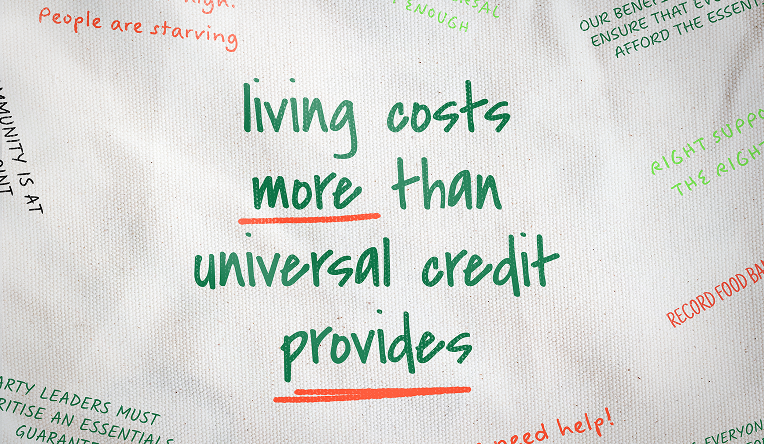 There is a sheet of paper that is slightly crumpled. It has writing across it in different colours, and in the middle it reads 'Living costs more than universal credit provides'