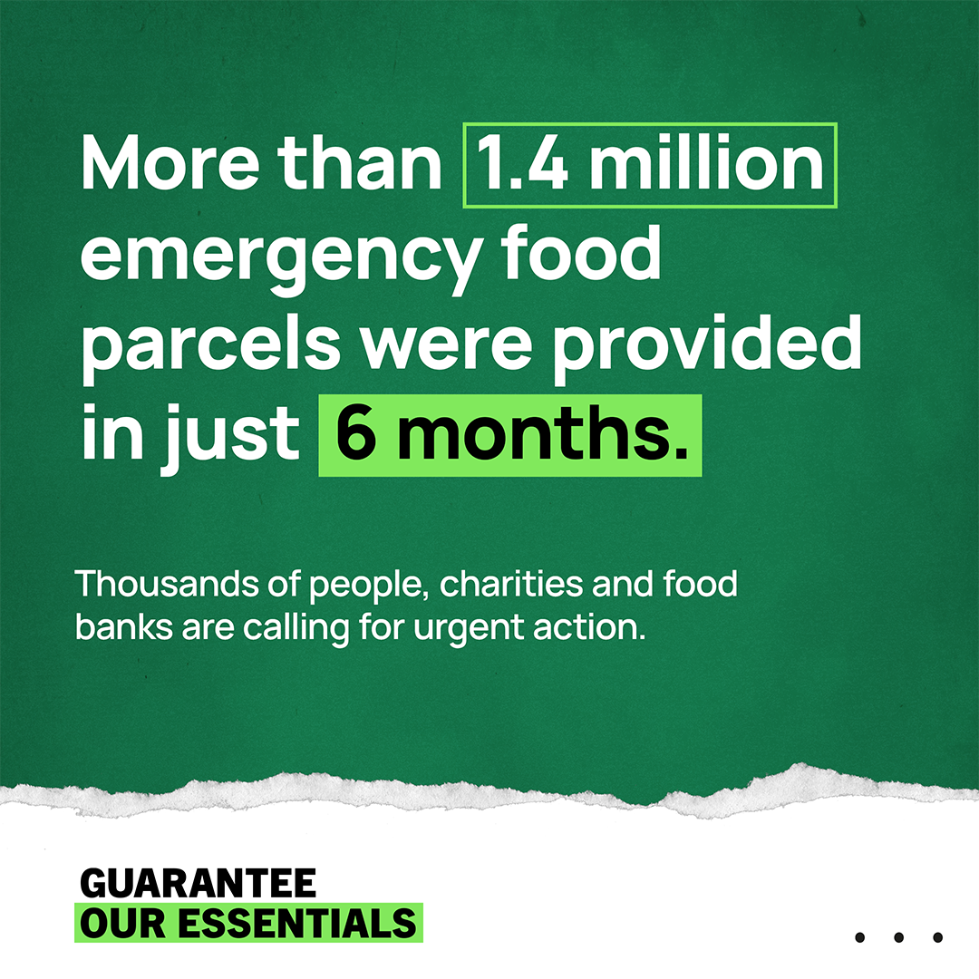 A social post shows a green background with text over the top of it that reads 'More than 1.4 million emergency food parcels were provided in just 6 months'