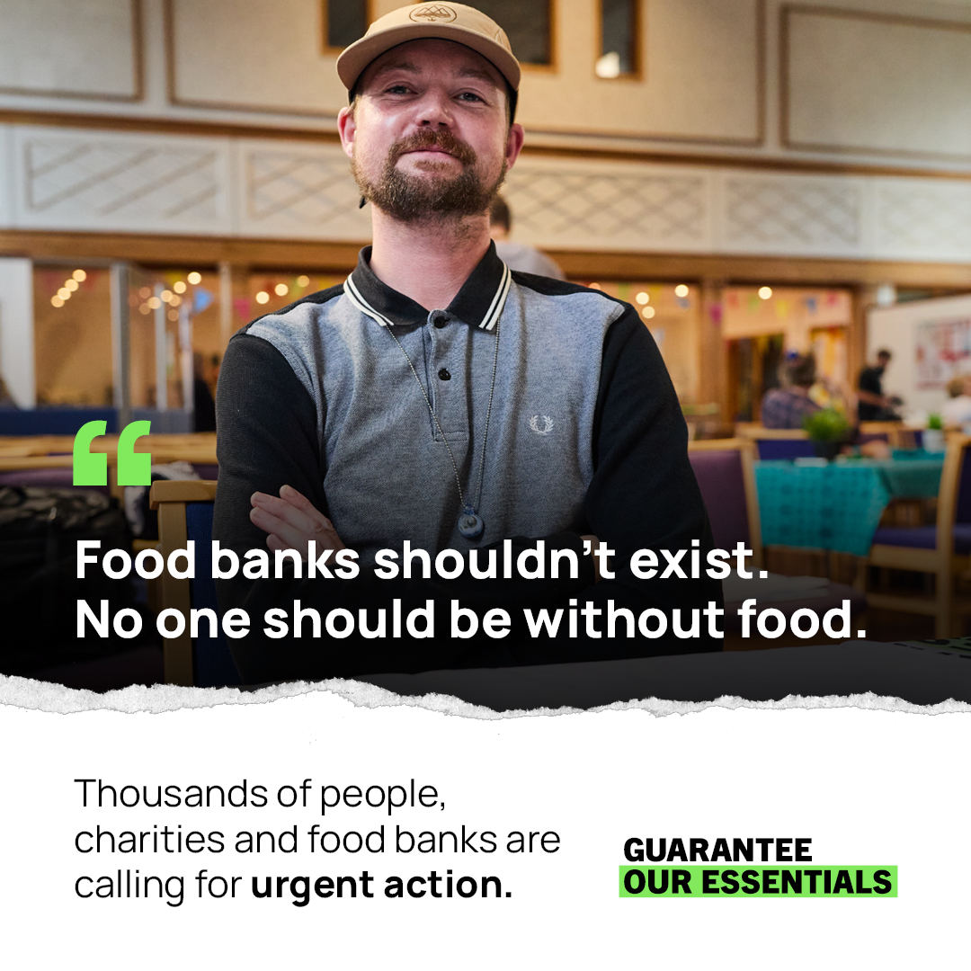 A social post shows a man wearing a cap is smiling at the camera. Over the top of the image there is text that reads 'Food banks shouldn't exist. No one should be without food'