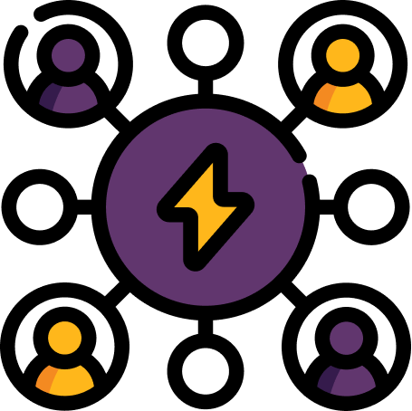 An illustration of a group of people gathered around an electricity symbol. Its all coloured in yellow and purple.