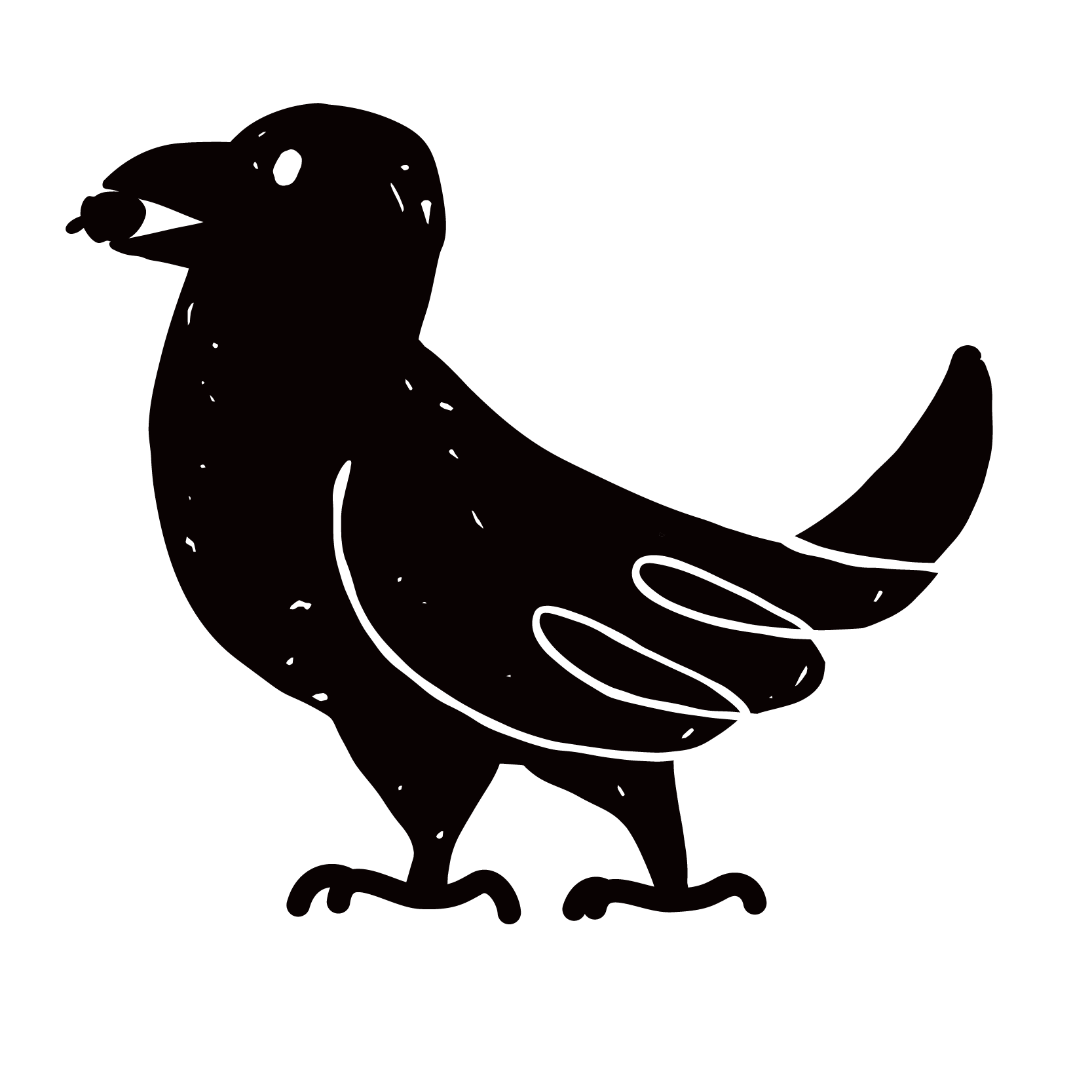 A black and white illustration of a bird. It is holding an acorn in its mouth, with its beak open slightly