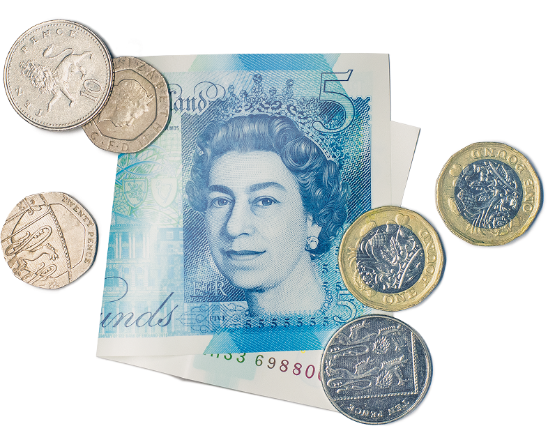 There is a five pound note, folded in half. It has a variety of coins laying over the top of it - 20p, 10p and pound coins.